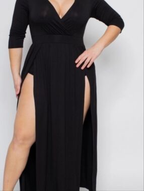 Black Wrap-Front Maxi Dress with High Slits
